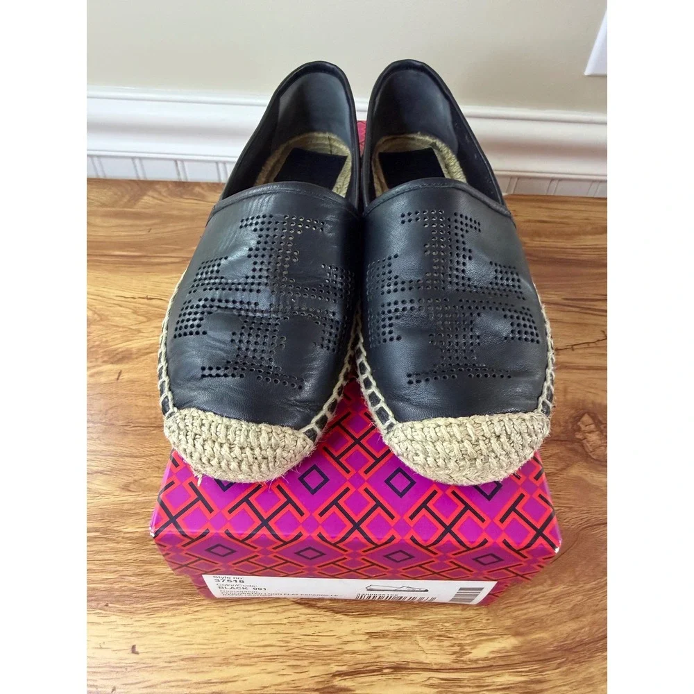 Tory Burch Black Perforated Logo Nappa Leather Espadrille Flats Size 6.5